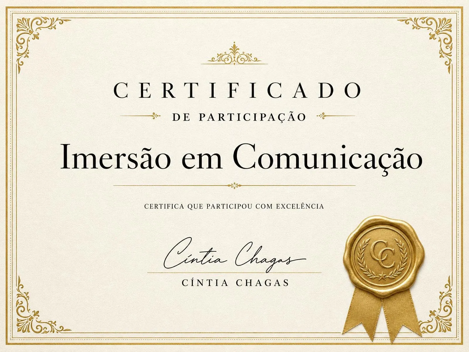 Certificado de participação da Imersão em Comunicação com selo dourado